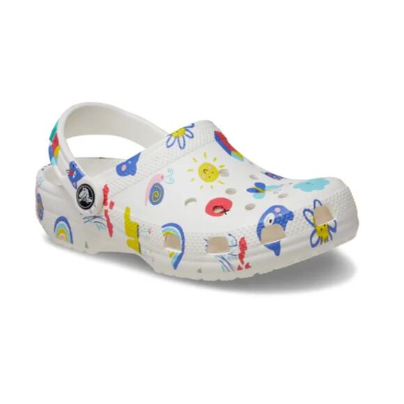 Crocs ﻿Kid's Junior White Multi Classic Doodle Print Clog Shoes Size 3 - Picture 4 of 14